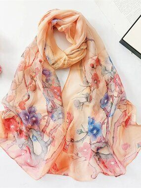 Peach Blossom Fashion Scarf Women's Chiffon Printed Soft Fashion Wrap 63 x 19 in